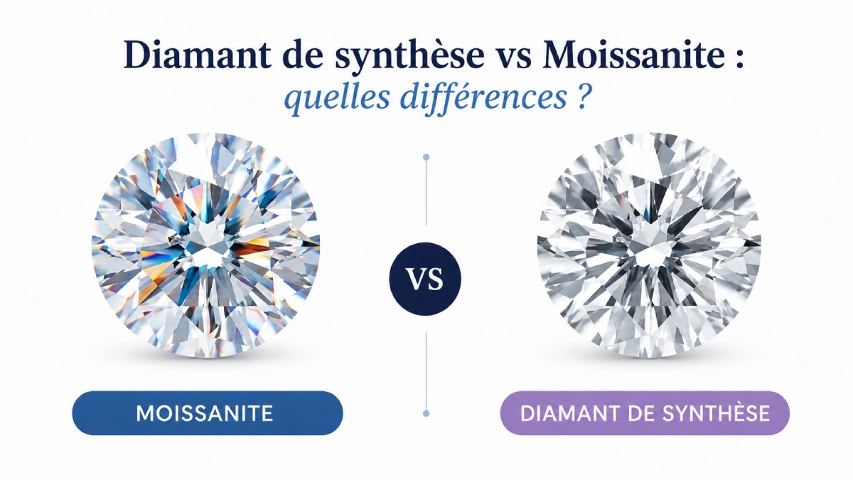 Diamant de synthèse vs moissanite – comparaison visuelle des deux pierres taille brillant côte à côte | Laveran Paris